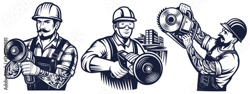 Set with builders in helmet with tattoo and angle grinder in hands for workshop. Silhouette workers with tools for construction, carpentry and build, repair work