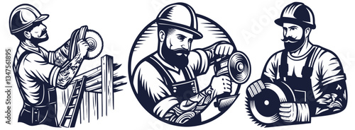 Set with builder in helmet with power tools in hands for workshop. Silhouette workers with tools for construction, carpentry and build, repair work