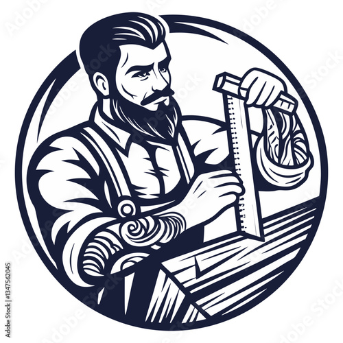 Carpenter hipster for craft workshop. Silhouette craftsman with tools for construction, carpentry and woodworking. Handmade or craftsmanship with woodcraft, repair work