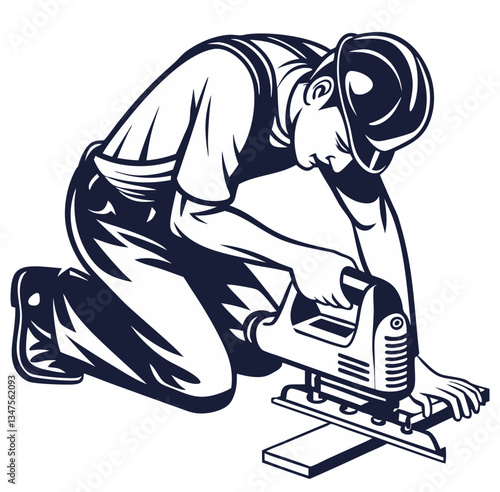 Builder in helmet with angle grinder in hands for workshop. Silhouette worker with tools for construction, carpentry and build, repair work