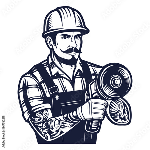 Builder in helmet with angle grinder in hands for workshop. Silhouette worker with tools for construction, carpentry and build, repair work