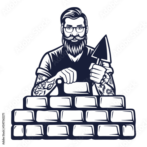 Builder hipster with tattoo, trowel and brickwork in hands for workshop. Silhouette worker with tools for construction, carpentry and build, repair work