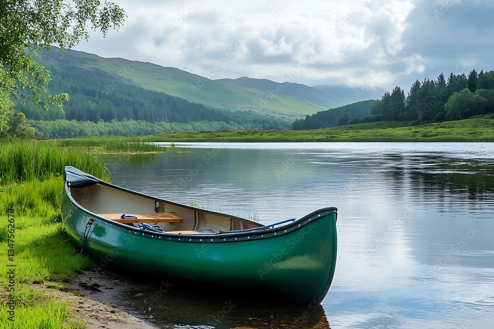 Obraz premium A green canoe rests on the sandy shore of a tranquil lake, surrounded by lush greenery.