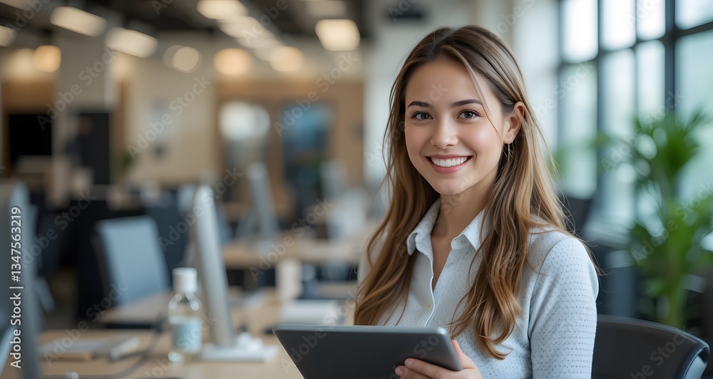 Portrait of happy businesswoman with touch pad in office looking at camera Portrait of happy businesswoman with touch pad in office looking at camera