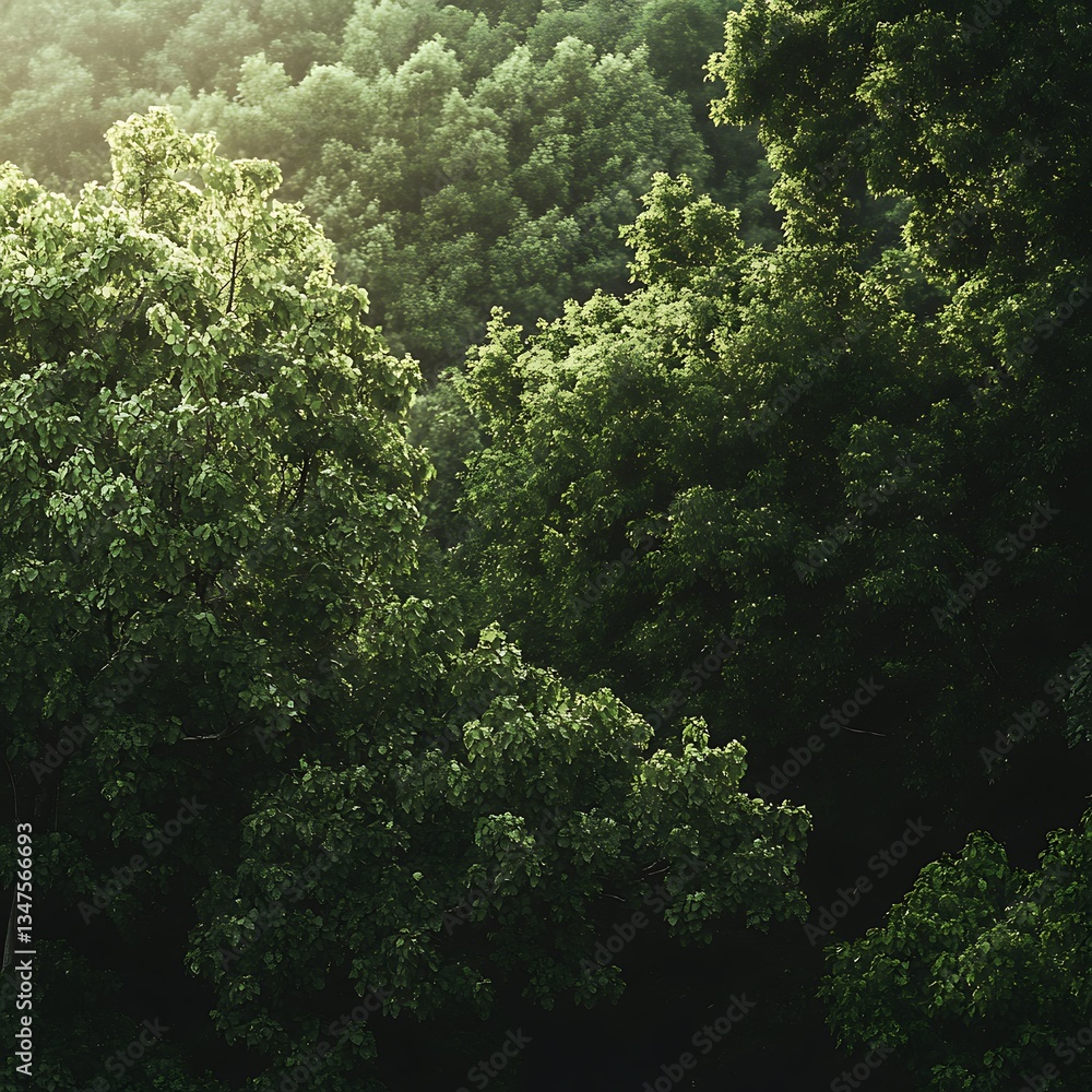 Obraz premium Serene nature with green trees and soft sunlight filtering