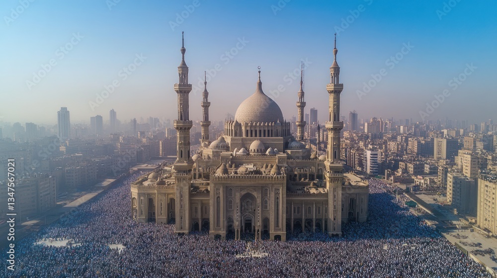 Obraz premium An aerial view of a large congregation at a mosque during Eid, thousands gathered in devotion.