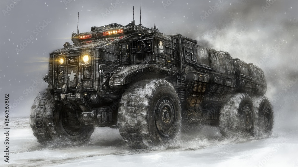 A large armored vehicle traversing a snowy landscape environment A large armored vehicle traversing a snowy landscape environment