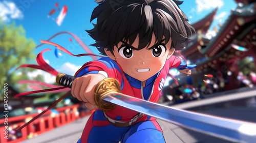 Anime Boy with Sword Running Towards the Camera in a Japanese Temple Setting