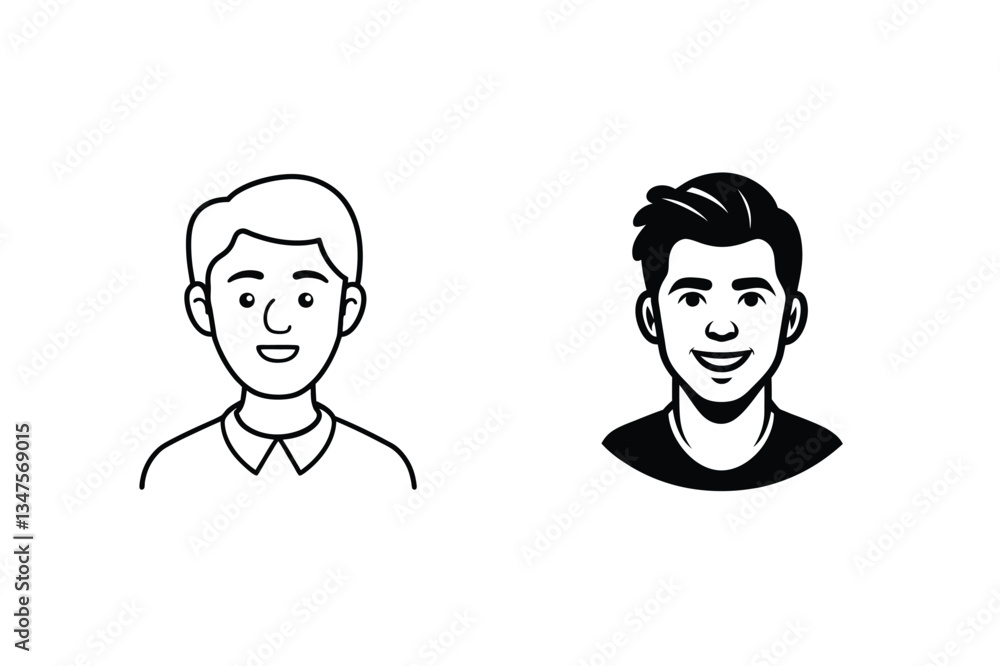 Two Male Avatar Icons Outline and Solid Style Variations Two Male Avatar Icons Outline and Solid Style Variations
