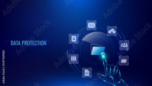 Digital hand touches file or document icon on blue digital interface, data protection, cybersecurity, online privacy. Secure information management, internet security in futuristic technology setting.