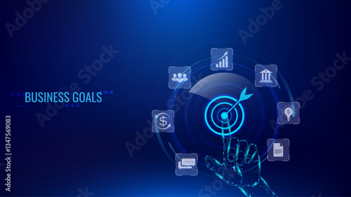 Digital hand touches target icon on blue futuristic background, symbolizing business goals, success, market trends in virtual interface. Represents technology-driven growth and strategic planning.