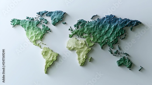 3D textured world map,  various shades of green, blue, and tan.  Detailed continents,  mountainous relief effect
