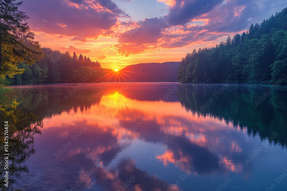 Obraz premium Sunset over woodland lake: golden hues reflecting on tranquil water, silhouettes of trees framing the horizon, serene and picturesque.