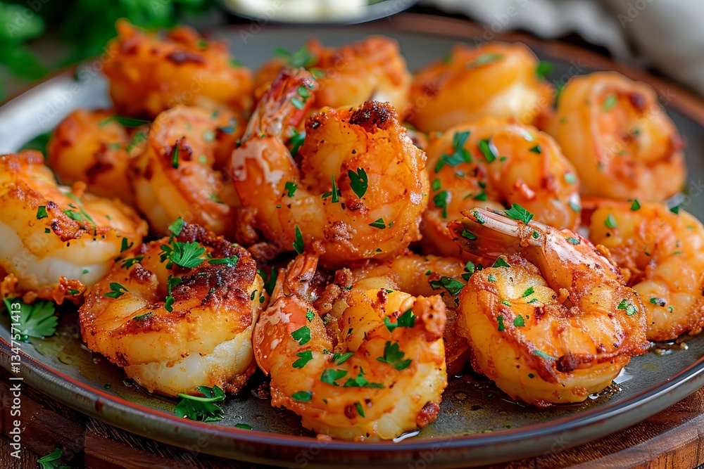 Close-up shot of golden-brown fried shrimp in a delectable garlic butter and parsley sauce. Close-up shot of golden-brown fried shrimp in a delectable garlic butter and parsley sauce.