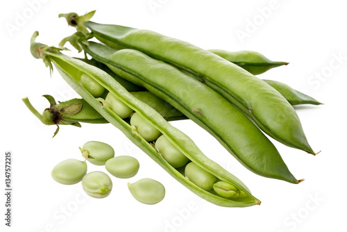 Fresh Fava Beans: A close-up, vibrant image of fresh fava beans, showcasing their vibrant green pods and plump, edible beans against a clean background. 