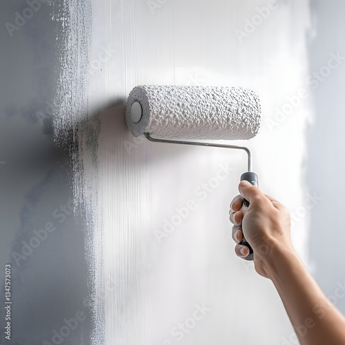 Individual paints a wall gray using a roller in a bright indoor space during daylight hours