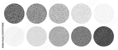 Grainy noise circles vector set. Dot grain texture circles. Spray texture sand and dissolving circles. Abstract black spheres with gradient stipple pattern.  Vector illustration