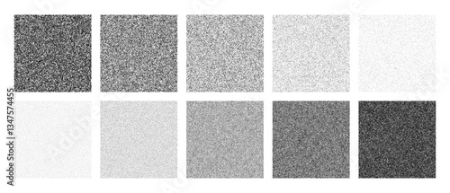 Grainy noise square vector set. Dot grain texture squares. Spray texture sand and dissolving squares. Abstract black square with gradient stipple pattern. Vector illustration