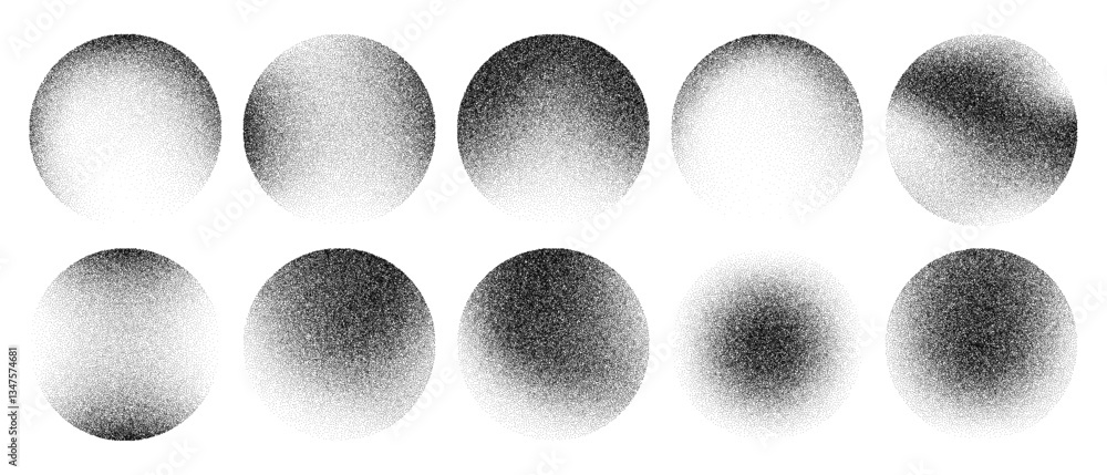 Grainy noise circles vector set. Dot grain texture circles. Spray texture sand and dissolving circles. Abstract black spheres with gradient stipple pattern.  Vector illustration