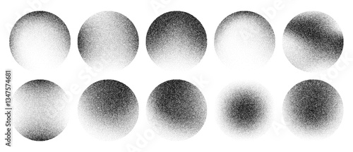 Grainy noise circles vector set. Dot grain texture circles. Spray texture sand and dissolving circles. Abstract black spheres with gradient stipple pattern.  Vector illustration