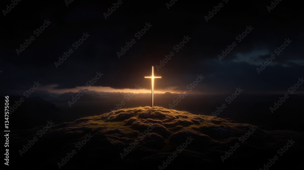 Obraz premium Illuminated cross atop a hill at night
