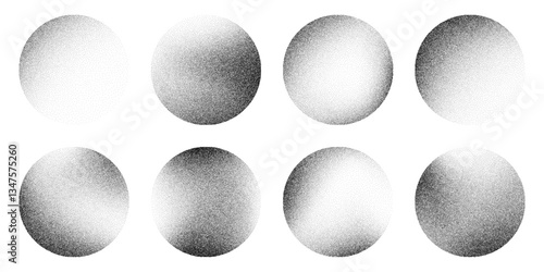 Grainy noise circles vector set. Dot grain texture circles. Spray texture sand and dissolving circles. Abstract black spheres with gradient stipple pattern.  Vector illustration