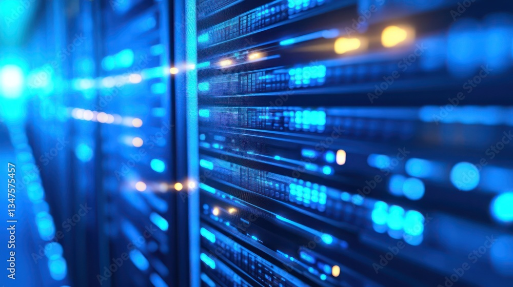Data center server rack, blue lights, network, technology, background blur, for tech websites Data center server rack, blue lights, network, technology, background blur, for tech websites