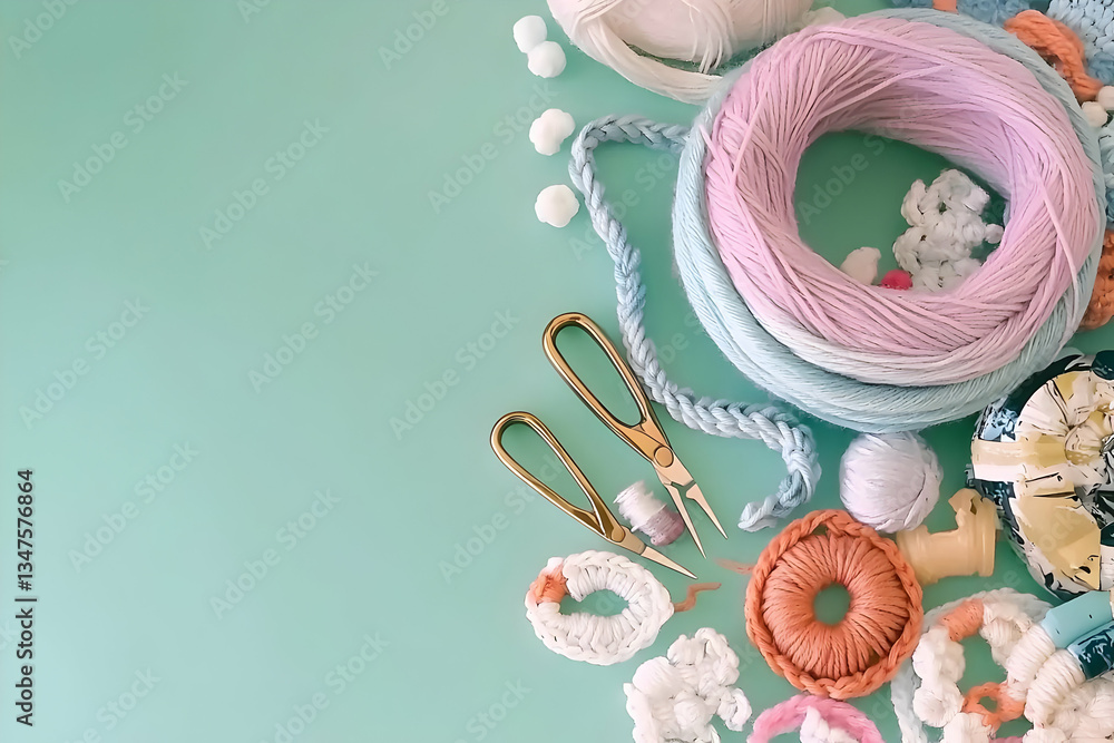 Pastel yarn, crochet supplies, crafting tools on teal background; hobby blog, website