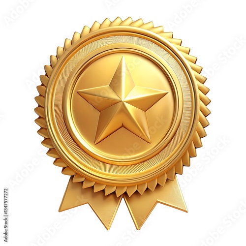 A gleaming golden medal, a symbol of triumph and achievement, showcasing a radiant star at its heart, with elegant, flowing ribbons.