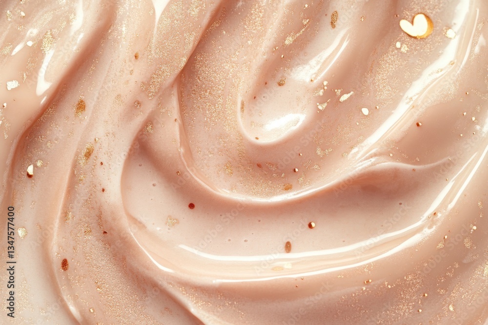 Shimmering pearlescent cream texture with golden glitter particles. Luxurious skincare and beauty product concept for radiance and hydration. Copy space
