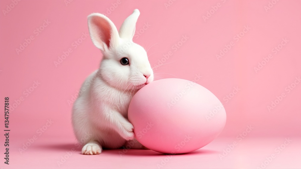 A white rabbit sitting next to a pink egg on a pink background. A white rabbit sitting next to a pink egg on a pink background.