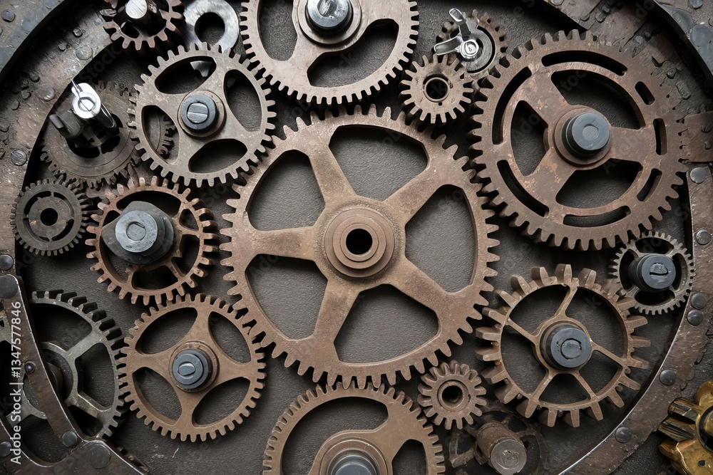 Intricate network of interlocking gears displays mechanical engineering and design intricacies in a vintage setting Intricate network of interlocking gears displays mechanical engineering and design intricacies in a vintage setting