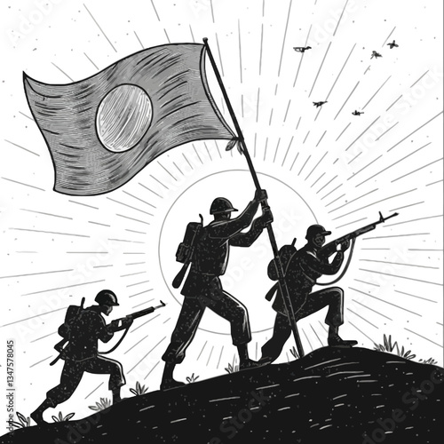 Black and White Bangladesh Liberation War Illustrations – Heroic Soldiers & Victory Art