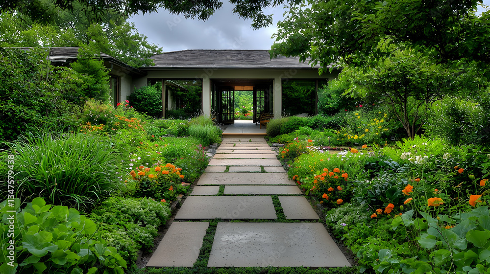Stone Pathway Leading To Modern Building Entrance Surrounded By Green Plants and Flowers During Daylight Stone Pathway Leading To Modern Building Entrance Surrounded By Green Plants and Flowers During Daylight