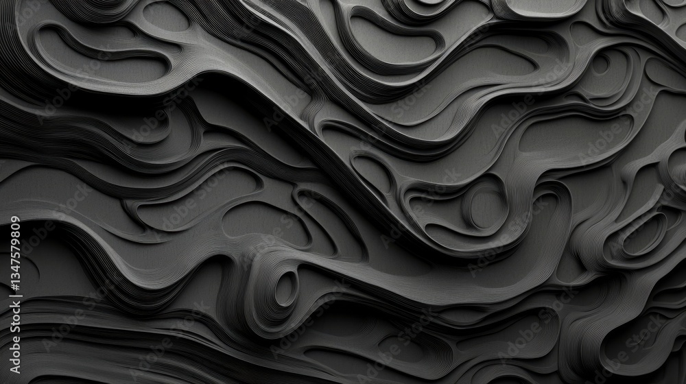 Obraz premium An abstract background has been created using black lines that undulate in a 3D pattern, with a dark render effect applied