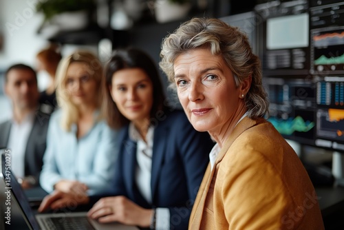 Professionals analyze economy forecasts and financial charts on laptops in a modern office setting, showcasing teamwork and focus