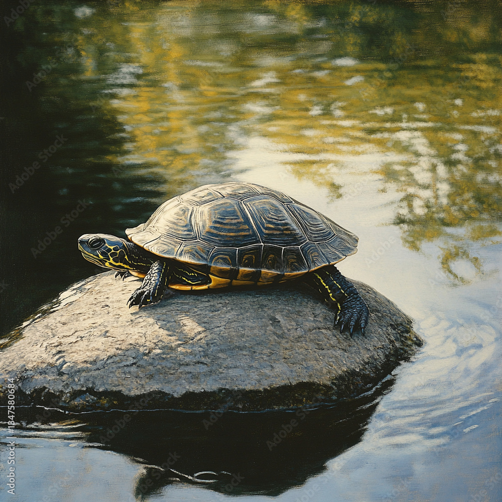 Fototapeta premium Turtle basking on a rock in a tranquil pond 