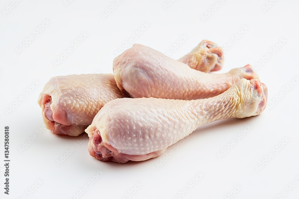 Three raw chicken drumsticks on white background. Three raw chicken drumsticks on white background.