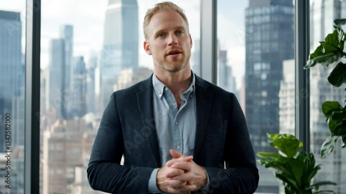 Businessman presenting, city view