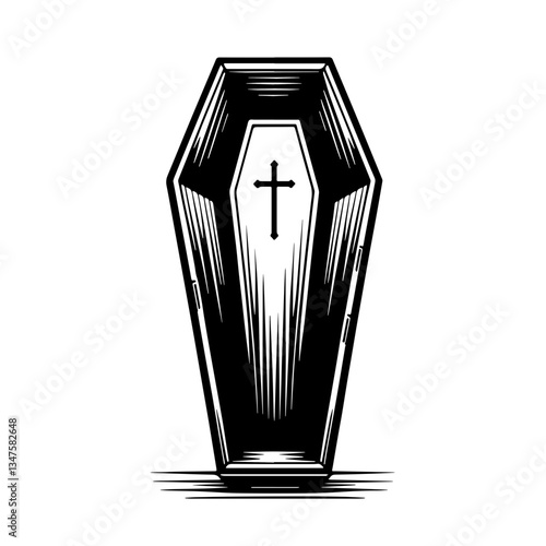 Coffin with Cross on it, Illustration in Vintage Timeless Clean Art Style
