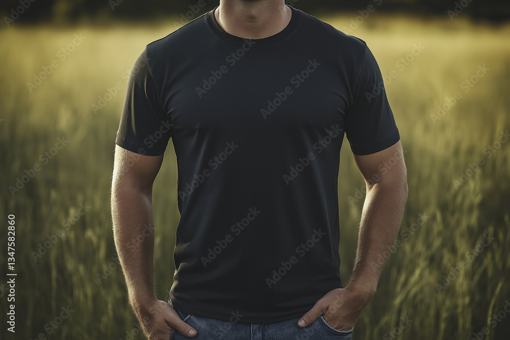 Fototapeta premium Photo real mock up of a black shirt mock up, male mock up, neck down, rustic feel, outdoorsy vibe