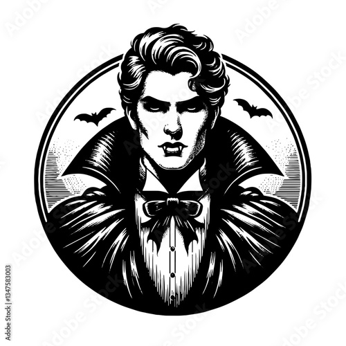 Dracula Male Vampire, Vector Illustration in Detailed Vintage Timeless Style