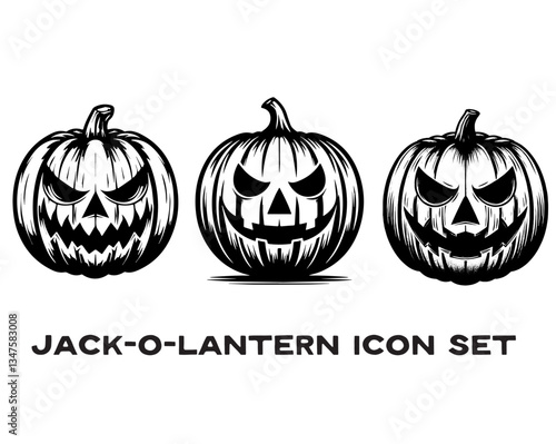 Smiling Jack O Lantern Pumpkin Icon Set, Illustrations in Retro Timeless Clean Art Style