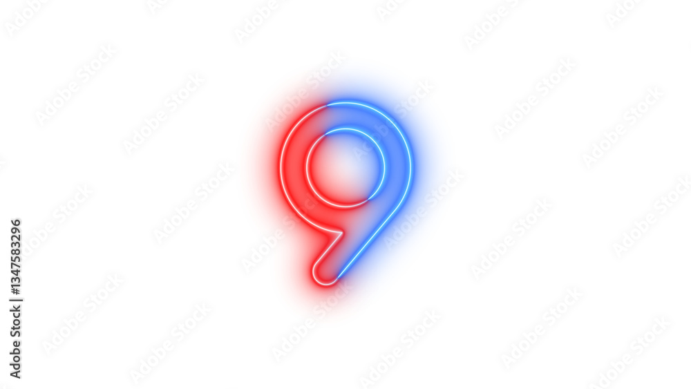 Fototapeta premium Neon 9 symbol icon glowing with transparent background