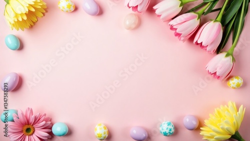 Pastel Easter Eggs Flowers Pink, bule Spring, Easter eggs in pastel colors (blue, pink, yellow, white) with some speckled designs