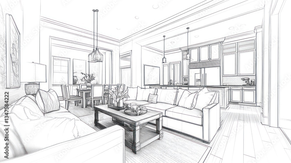 Interior blueprint of a modern home. Sketch drawing of living room and kitchen. Possible use architecture, design, or home remodeling planning Interior blueprint of a modern home. Sketch drawing of living room and kitchen. Possible use architecture, design, or home remodeling planning