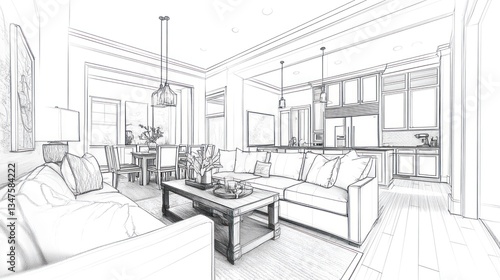 Interior blueprint of a modern home. Sketch drawing of living room and kitchen. Possible use architecture, design, or home remodeling planning