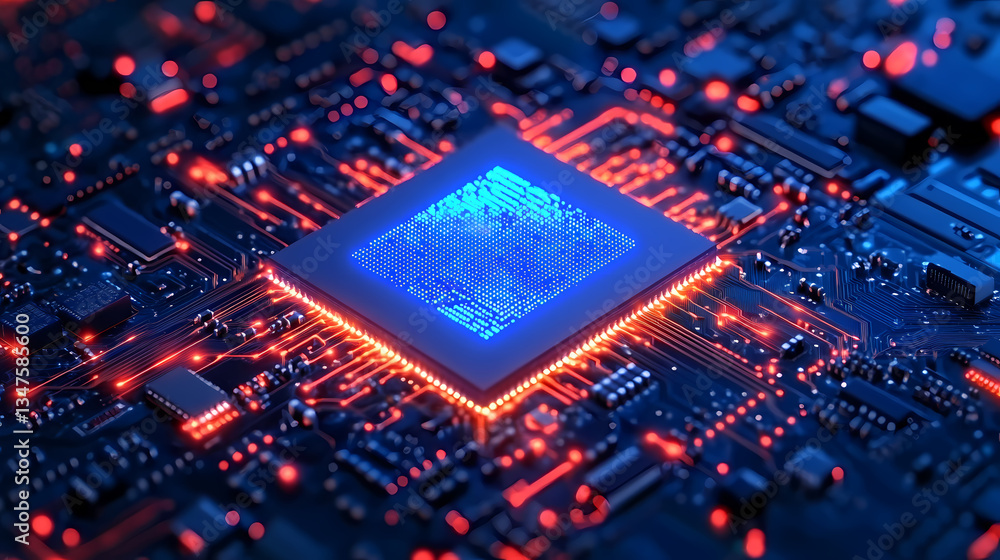 Glowing Chip on Circuit Board with Red and Orange Lights Glowing Chip on Circuit Board with Red and Orange Lights