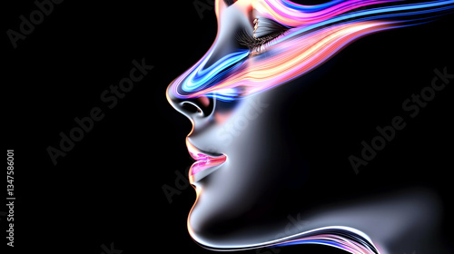 Abstract Profile of a Woman with Glowing Neon Lines and Colorful Digital Effects