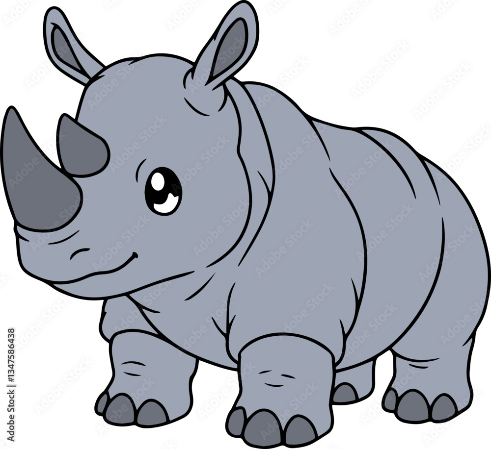 Fototapeta premium Cute Cartoon Rhinoceros Character Smiling Playfully with Big Horn